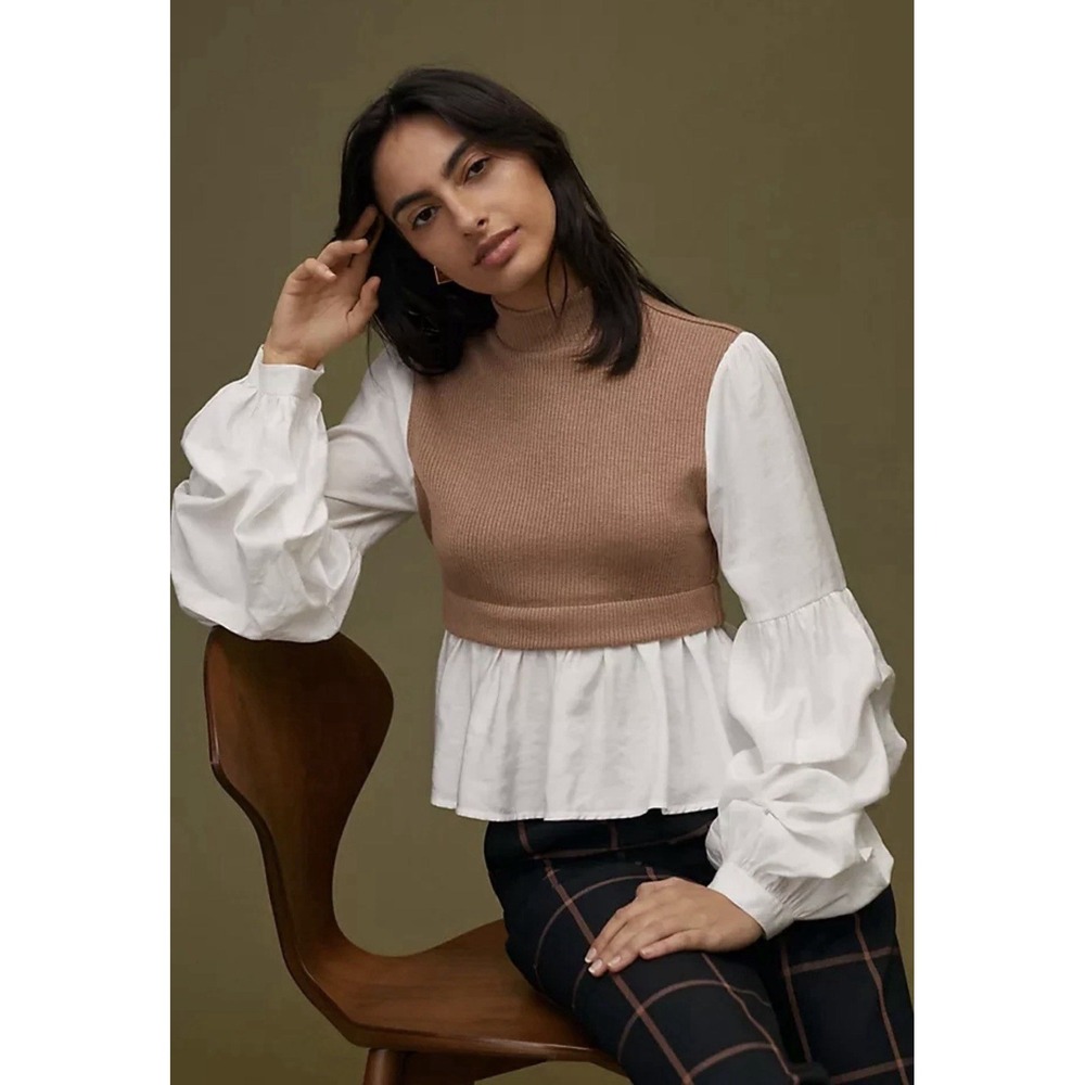 English Factory Long Sleeve Ruffled Layered Sweater Top Brown/White Women's Sz M